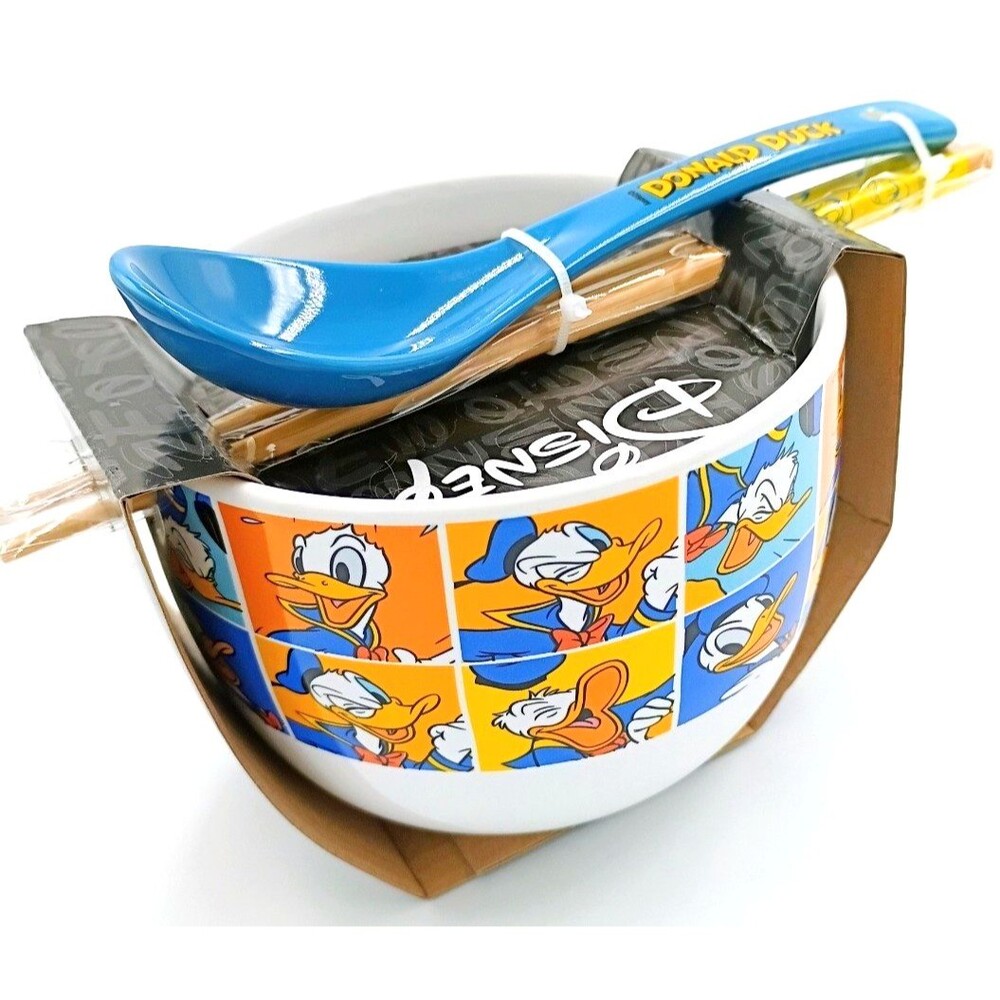 Disney Angry DONALD DUCK Ceramic Ramen Noodle Bowl w/ Chopsticks & Spoon